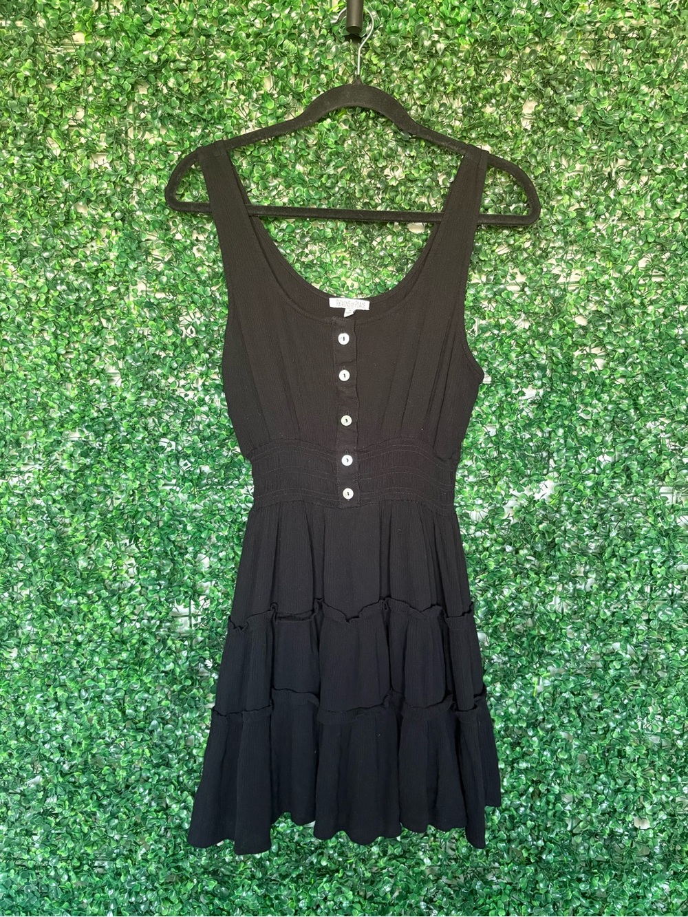 Patrons of Peace Black Tiered Button-Front Tank Dress with smocked waist